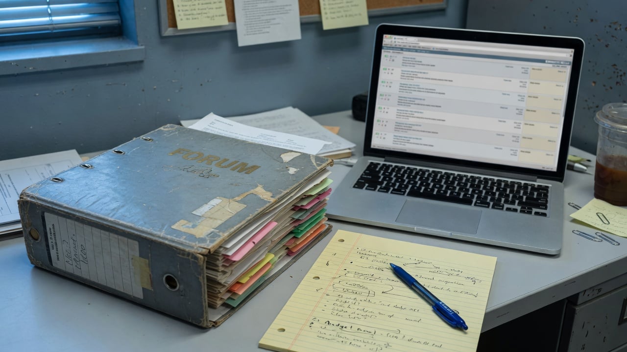 Community operator moving stacked archive boxes of printed forum pages toward a clean laptop on a slate desk