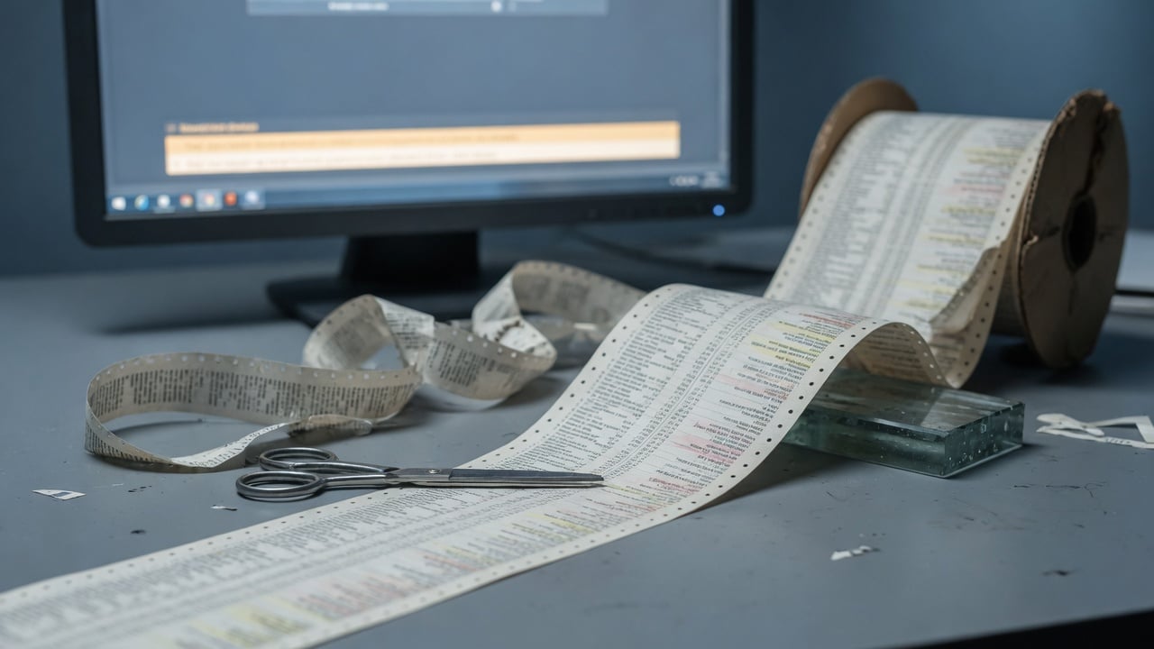 Editor watching a thin notice strip above a muted forum homepage on a widescreen monitor