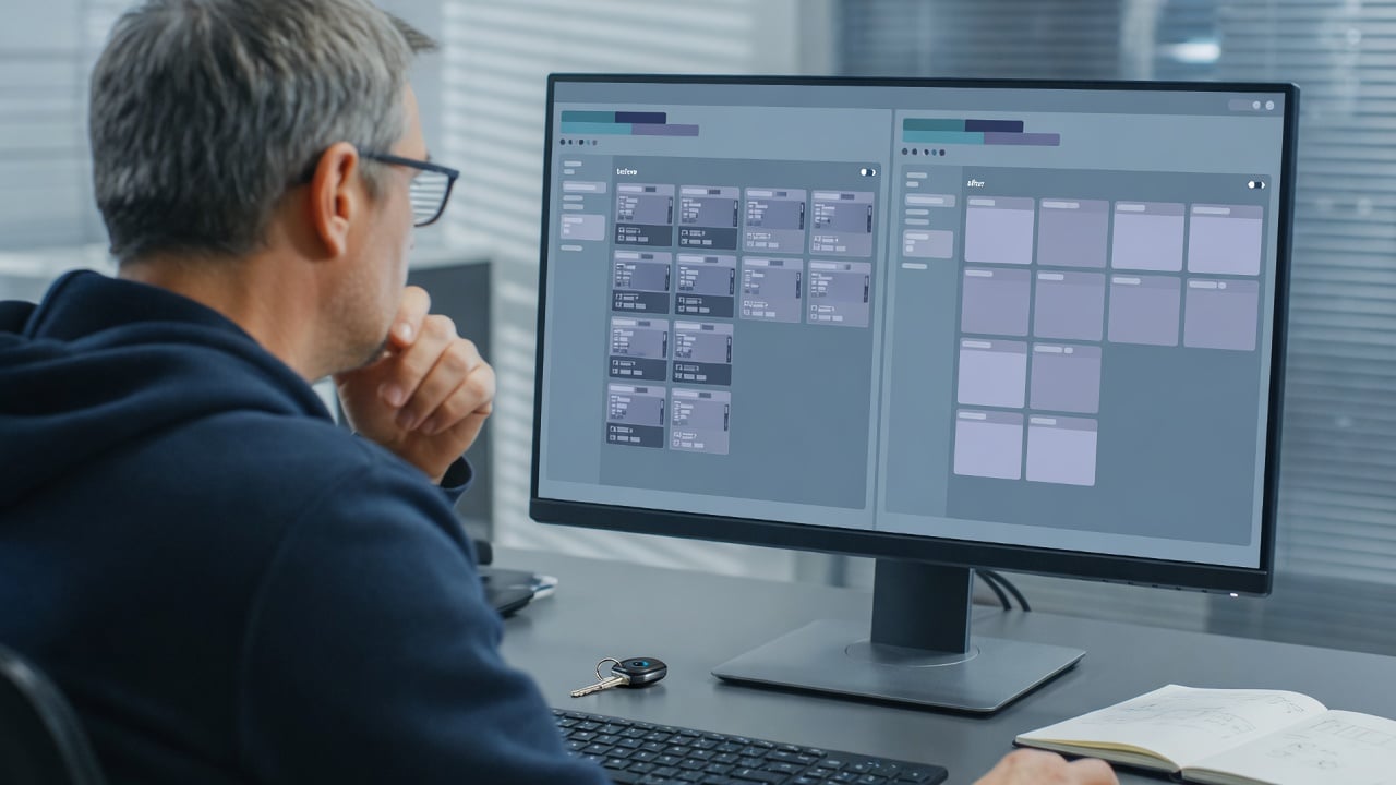 Administrator comparing two versions of a community control panel on a widescreen monitor