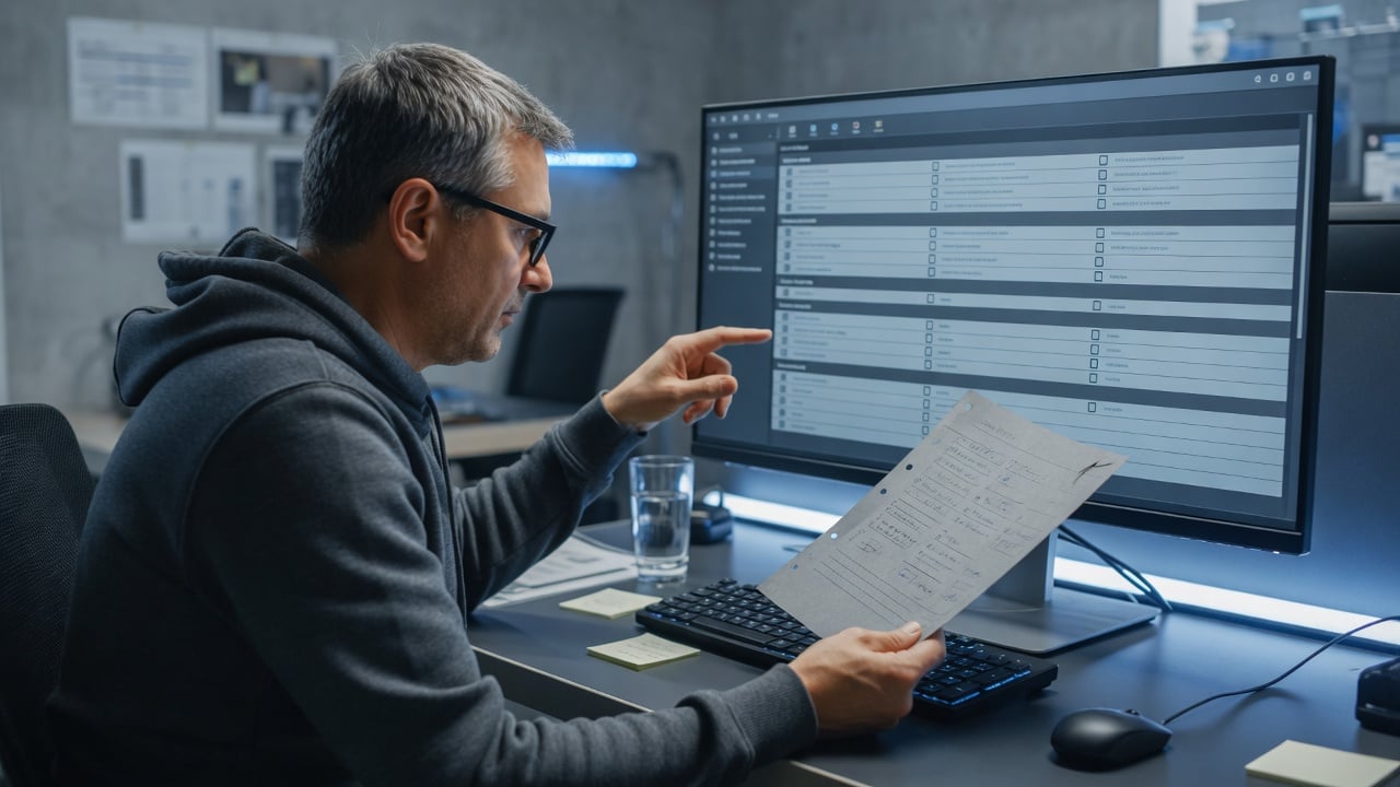 Administrator reviewing a checklist on a monitor next to a printed config printout