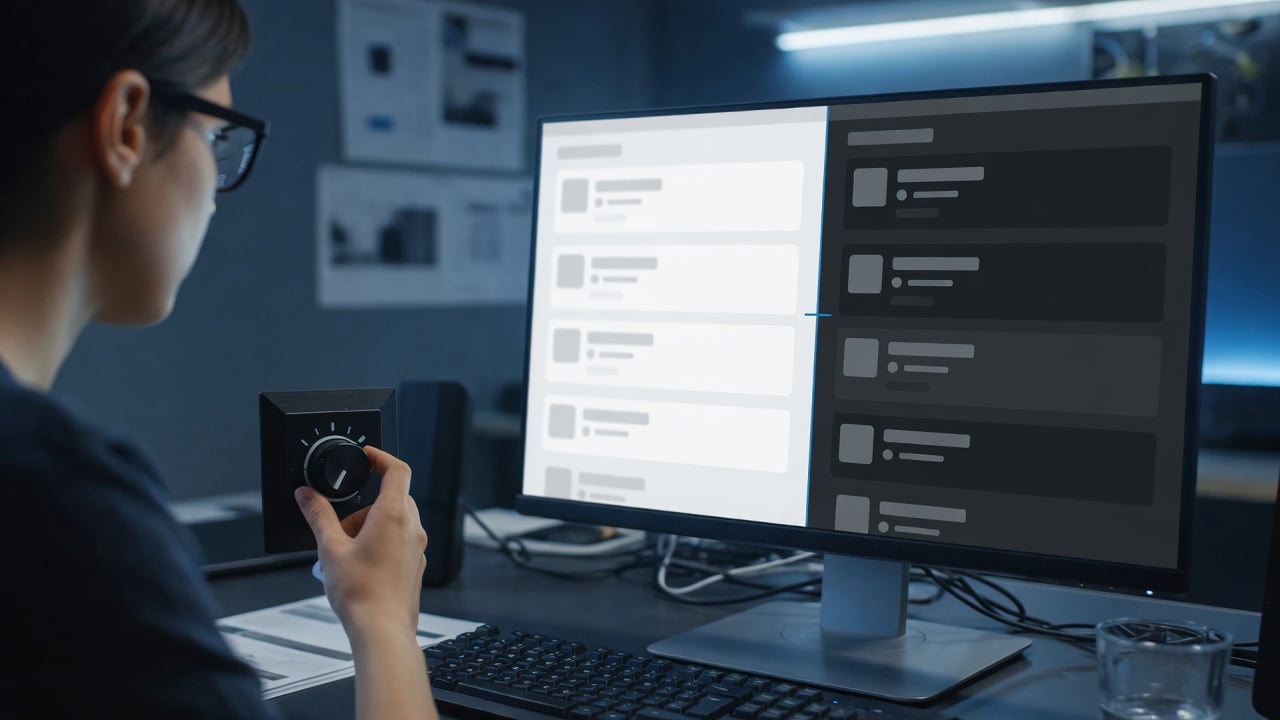 Administrator comparing a light and a dark forum layout on a single widescreen monitor