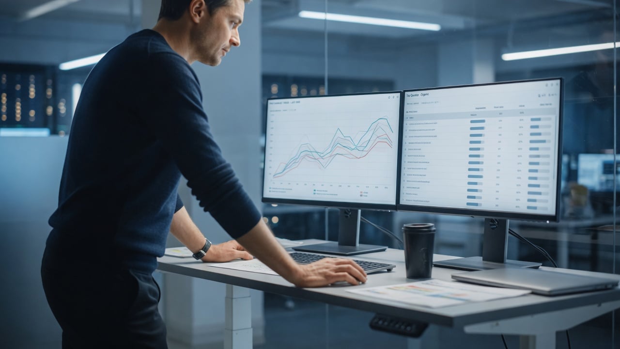 Administrator comparing abstract analytics charts on a monitor with a printed traffic checklist on a slate desk