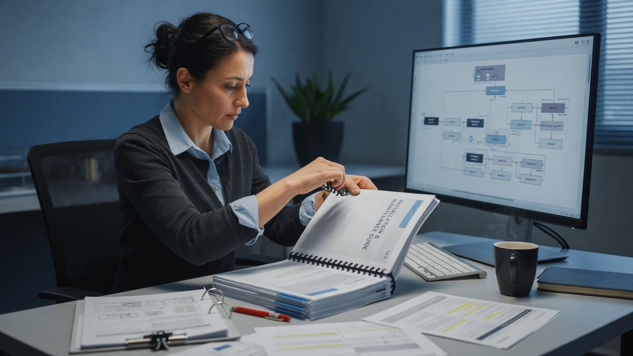Editor reviewing a nested documentation outline on a monitor beside a printed FAQ stack on a slate desk