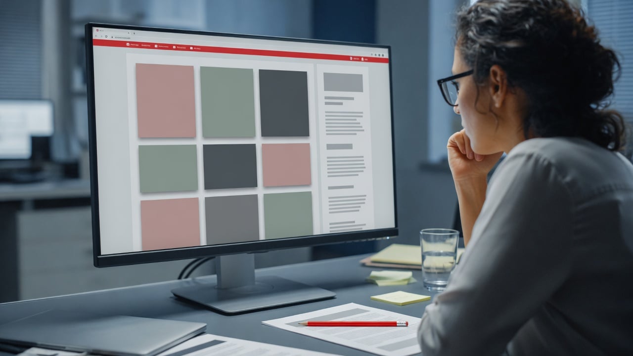 Editor reviewing a masonry article layout and a small notice bar on a widescreen monitor