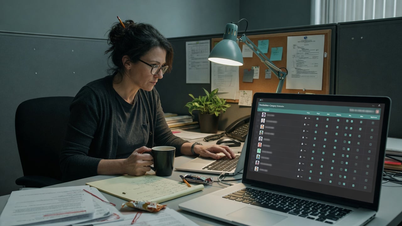 Admin reviewing a XenForo permission matrix on a laptop