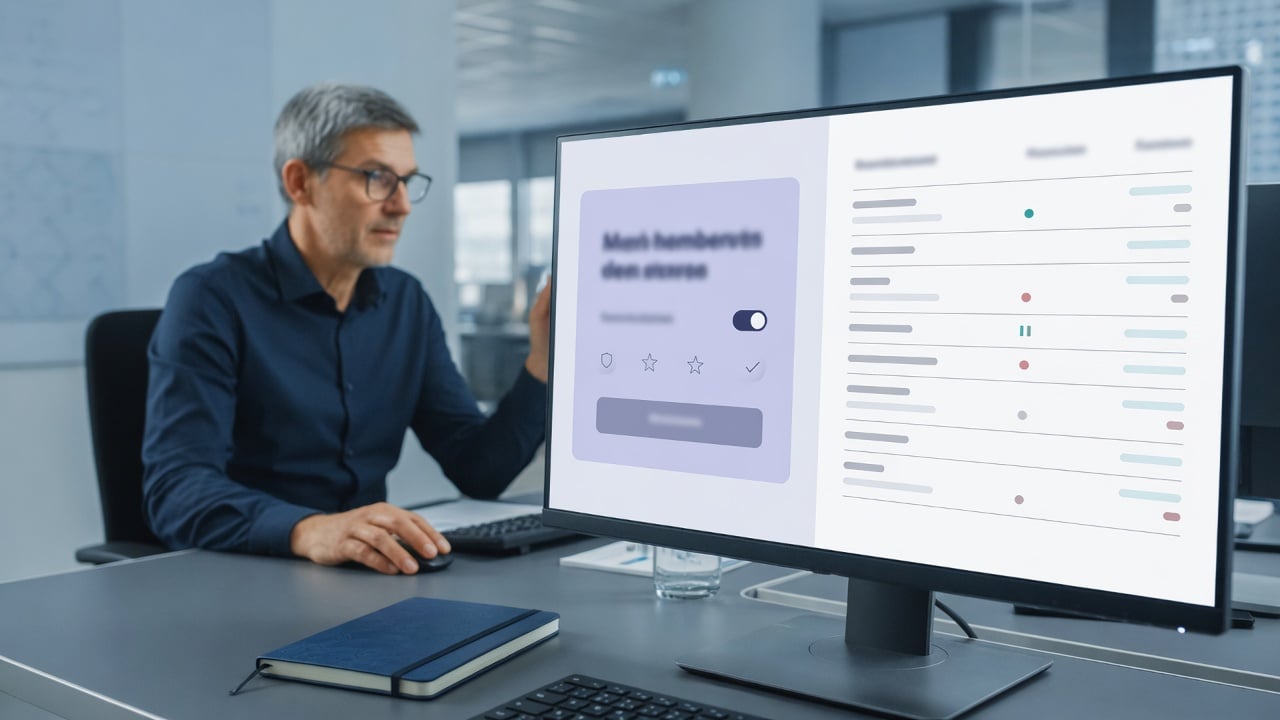 Administrator reviewing a simple membership upgrade page next to a muted ledger on a widescreen monitor