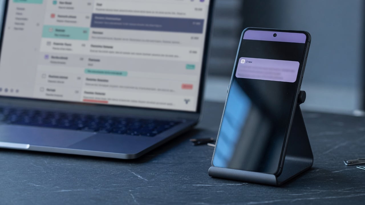 Administrator reviewing a muted notification settings screen beside a phone showing an app icon on a home screen