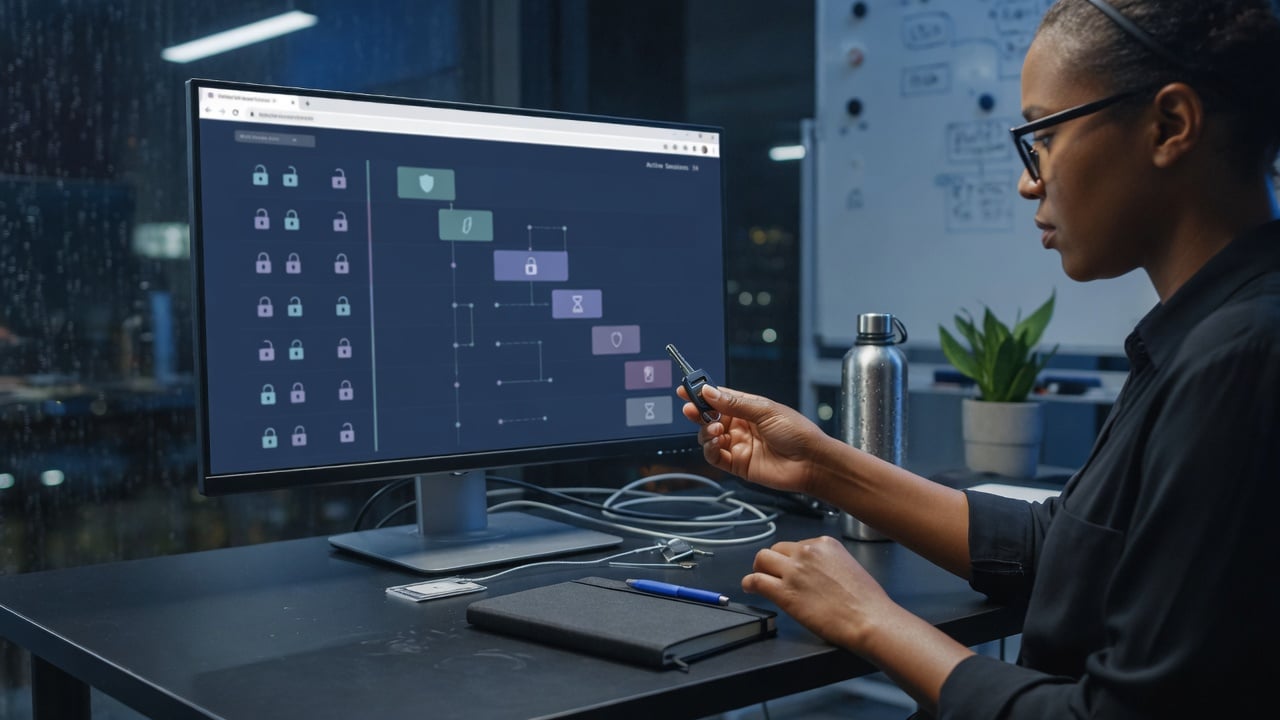 Administrator reviewing a lock icon on a monitor beside a printed two-step verification checklist