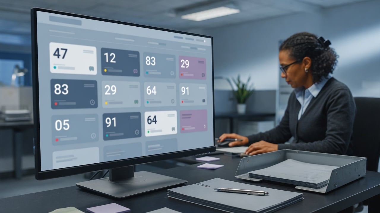 Support lead reviewing a queue of ticket cards on a widescreen monitor beside a printed runbook
