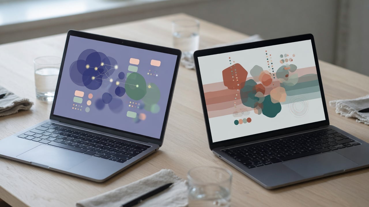 Two widescreen monitors on a meeting table showing two different community layouts, one a classic forum tree and one a topic list